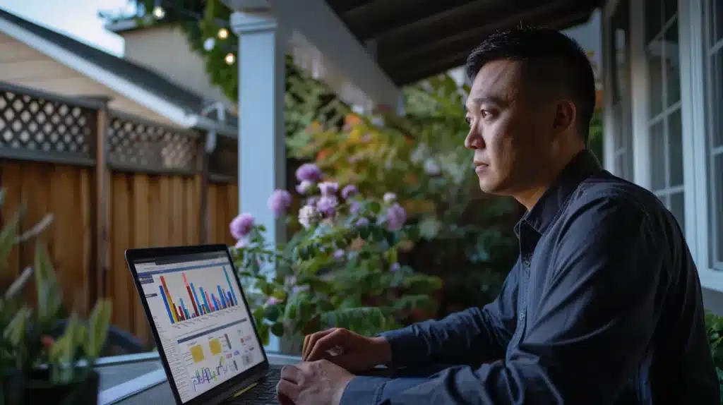 a focused image of a landlord reviewing comprehensive tenant screening reports on a sleek laptop, with dynamic charts and graphs illuminating financial data, set against a backdrop of a well-maintained rental property.